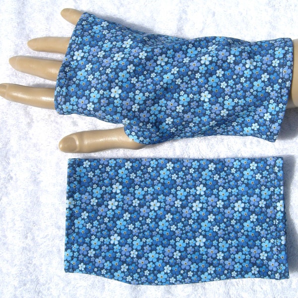 Myosotis BioJersey névrodermite, eczéma, protection solaire, poignets légers, trou pour le pouce, gants sans doigts, bleu, poignets d'été