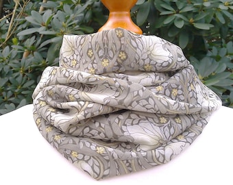 William Morris, Pimpernell, Art Nouveau, chiffon loop, scarf, Art Noveau, flowers, loop scarf, olive, gray, silver gray, white