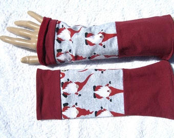 wrist warmers, cuffs, patchwork, double stitched, Christmas, gnomes, dwarves, grey, red