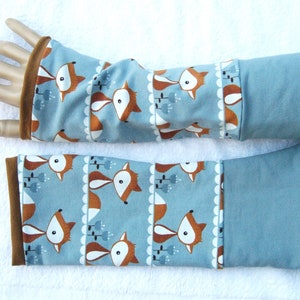 Fox, Reineke, jersey, organic jersey, wrist warmers, cuffs, patchwork, blue, light blue, brown, reddish brown, double-layered