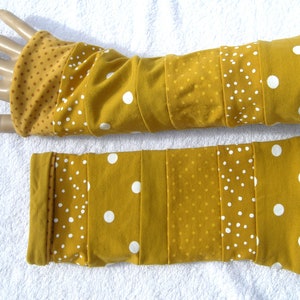 Patchwork cuffs, arm warmers, wrist warmers, mustard, yellow, dots, long, double-layered