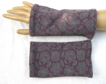 Arm warmers, wrist warmers, organic sweat, jacquard, purple, ornaments, gray, cuffs, flowers, warm