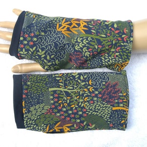 Autumn forest colorful modal sweat organic jersey cuffs with thumb hole wrist warmers mittens blue yellow green trees