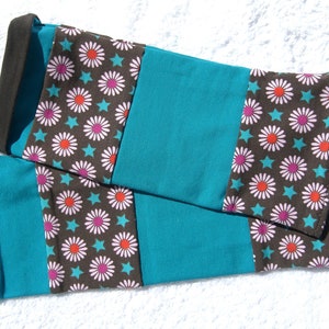 Wrist warmers, cuffs, patchwork, double stitched, retro, flowers, turquoise, brown image 6