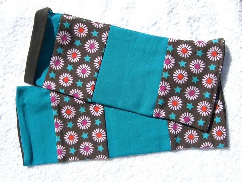 Wrist warmers, cuffs, patchwork, double stitched, retro, flowers, turquoise, brown image 6