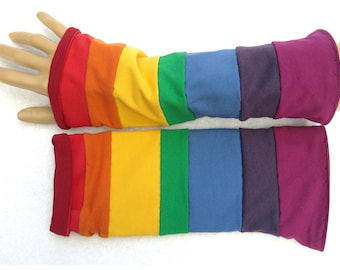 LGBT arco iris patchwork puños calentadores de brazos calentadores de muñeca rojo amarillo naranja verde azul púrpura violeta largo