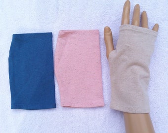 poignets légers, jersey lin Oekotex uni, névrodermite, eczéma, gants sans doigts, poignets été, trou pour le pouce, beige, rose, bleu