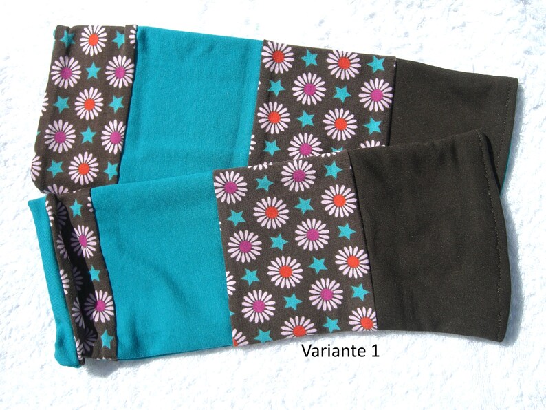 Wrist warmers, cuffs, patchwork, double stitched, retro, flowers, turquoise, brown Variante 1