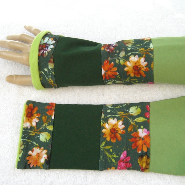 Pulse warmer, cuffs, patchwork, double sewn, green, colorful flowers, inside roughened, cuddly jersey