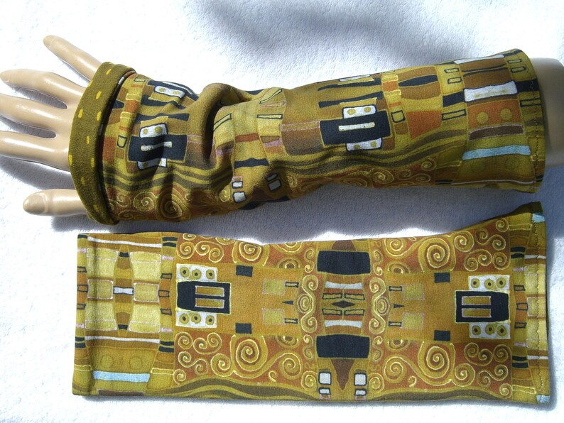 Gustav Klimt, Stulpen, Armstulpen, Pulswärmer, Jugendstil, Art Noveau, gold, gelb, OekoTex Jersey, Bio Sweat, Kunst, schwarz, blau Bild 2