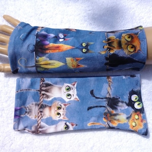 Cats, funny, cats, wrist warmers, cuffs, fingerless gloves, blue, denim blue, lined, cotton, OekoTex, animals, funny