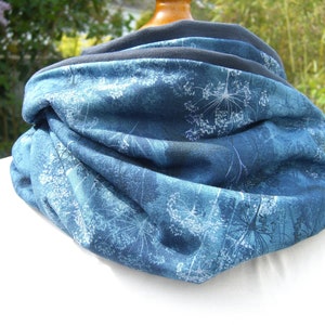 Mist flowers blue viscose jersey, plain ponte knit tencel loop scarf flowers, branches, mist, dark blue