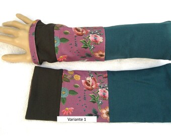 Wrist warmers, cuffs, patchwork, petrol, berry, brown, embroidered flowers, double stitched, jersey