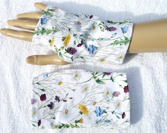 Jersey OekoTex, névrodermite, eczéma, gants sans doigts, poignets été, poignets légers, court, trou pour le pouce, fleurs, prairie