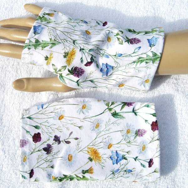 OekoTex jersey, neurodermatitis, eczema, fingerless gloves, summer cuffs, light cuffs, short, thumb hole, flowers, meadow