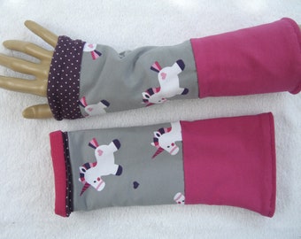 Patchwork, unicornio, calentadores de muñeca, puños, unicornio, jersey, sudor, púrpura, rosa, rosa, puntos, puntos, de doble capa