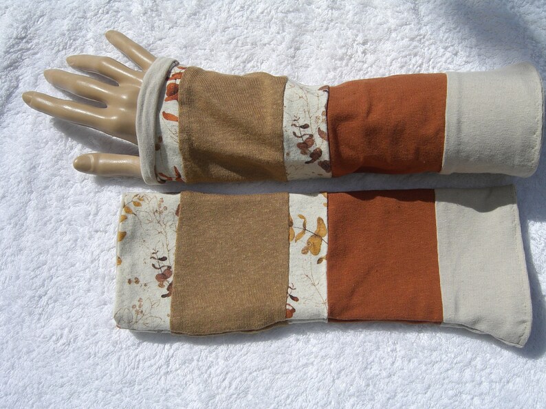 Eukalyptus Leinen Jersey Patchwork Stulpen Armstulpen rost beige ocker doppellagig Bild 5