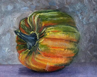 Pumpkin painting, oil painting of a white pumpkin w stem, impressionistic, STRADA easel challenge Marilyn Eger 6x6