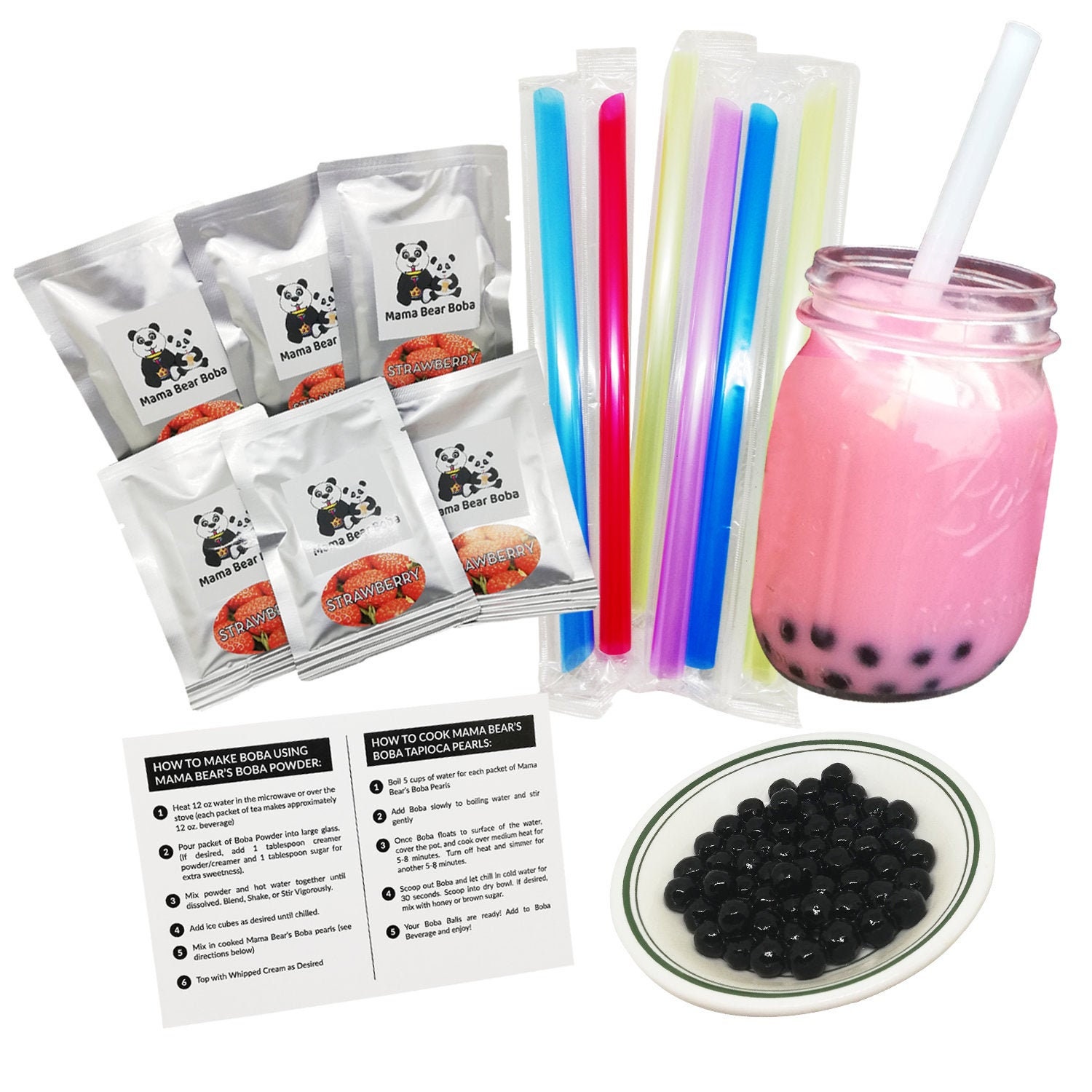 Instant Boba Kit STRAWBERRY Flavor Boba Bubble Tea Kit Make Your Own
