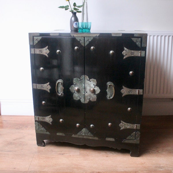 Antique Oriental Black Lacquer and Brass Sideboard/Cabinet
