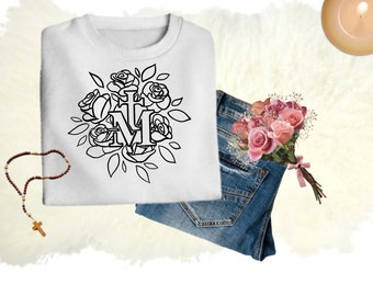 Marian Cross with Roses Pattern SVG, Christian svg, religious svg, faith svg, Jesus svg, bible Quotes shirt gift svg, png, for cricut