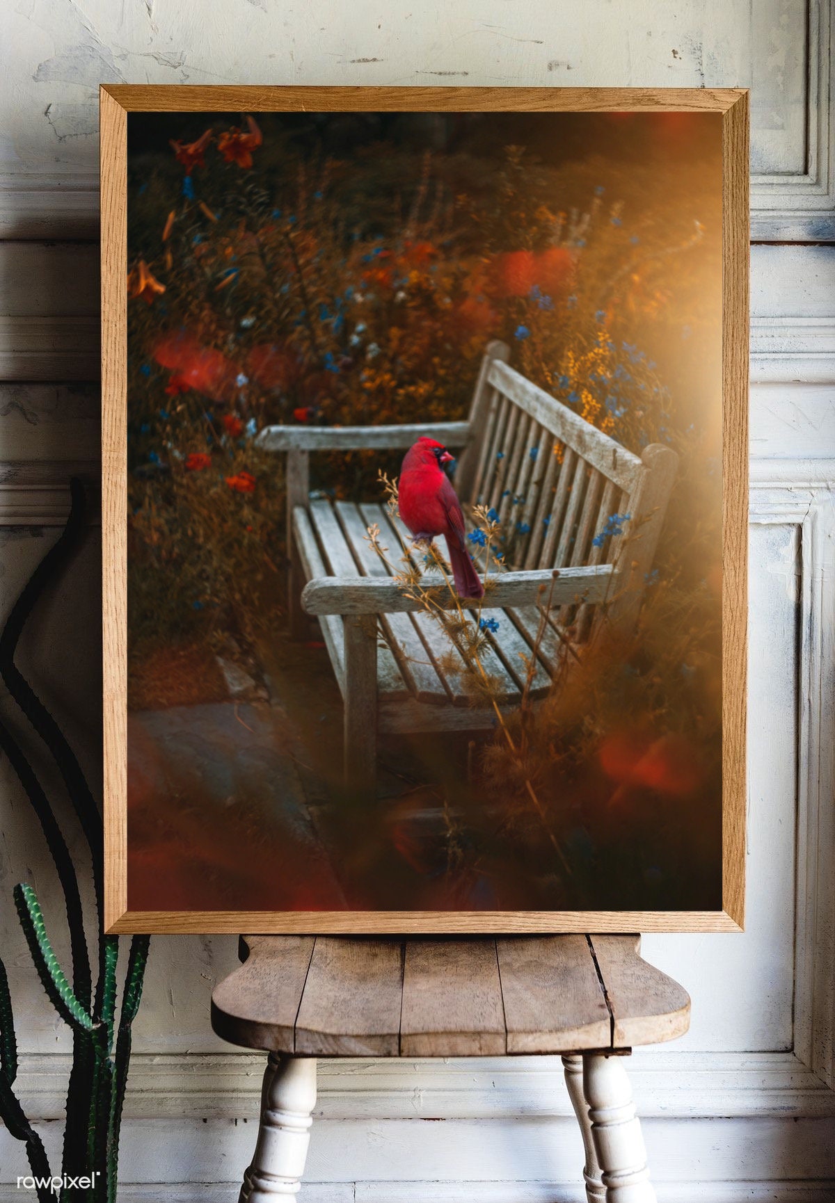 Red Bench Bird Wall Art Print Digital Download Rainbow Etsy