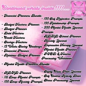 May include: Pink journal with a list of planner and journal titles, including "Financial Planners Bundle," "Budget Trackers Planner," and "Mental Health Planner." The text "Continued whats inside!!!!...." is at the top.