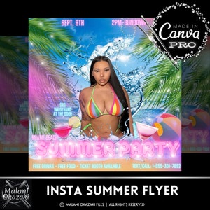 May include: A pink and neon green flyer for a summer party in Miami Beach. The flyer features a woman in a colorful bikini, a beach scene, and the text "Summer Party" in neon pink letters. The flyer also includes the date "Sept. 9th", the time "2PM-Sundown", and the text "Free Drinks - Free Food - Ticket Booth Available".