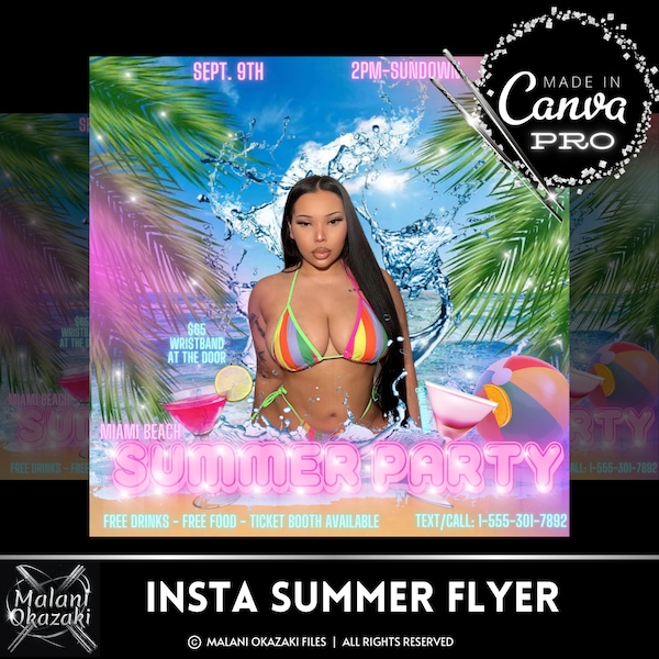 2024 Spring Summer Party Event Flyer Beach Poster Instagram Host Club Night Editable Pool Party Night Canva Template DIY Party Invitation