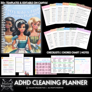 ADHD schoonmaak checklist bundel bewerkbare ADHD planner volwassen kinderen karwei grafiek bundel wekelijks maandelijks schoon schema Canva PLR dagboek Moederdag