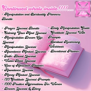 May include: A pink journal bundle with a fluffy cover, featuring a list of journals and planners for manifestation and spirituality. The text includes titles such as "Prayer Journal Bundle" and "Daily Manifestation Guide."