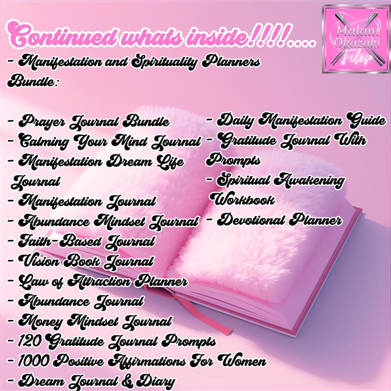 May include: A pink journal bundle with a fluffy cover, featuring a list of journals and planners for manifestation and spirituality. The text includes titles such as "Prayer Journal Bundle" and "Daily Manifestation Guide."