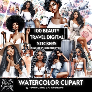 Aquarel reizen zwart meisje ClipArt PNG digitale Planner Stickers Clip Art vakantie reizen Moederdag bundel grillige zomer vliegtuig