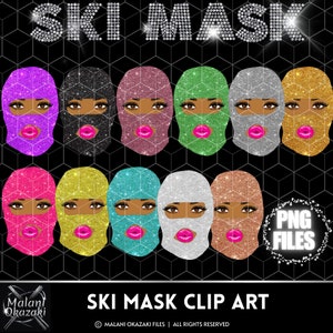 Pode incluir: Um conjunto de dez imagens digitais de clip art de mulheres usando balaclavas brilhantes em várias cores, incluindo roxo, preto, rosa, verde, prata, dourado, rosa, amarelo, azul e prata. As imagens estão em um fundo preto.  PNG FILES.
