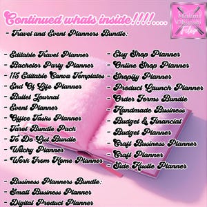 May include: Pink digital planner bundle with a variety of planning templates. Includes travel, event, business, and Etsy shop planners. The image features a pink open book with text listing the planner types. The Malani Okazaki Files logo is in the upper right corner.