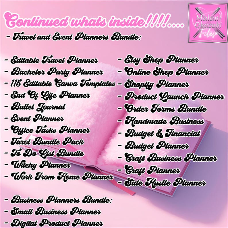 May include: Pink digital planner bundle with a variety of planning templates. Includes travel, event, business, and Etsy shop planners. The image features a pink open book with text listing the planner types. The Malani Okazaki Files logo is in the upper right corner.