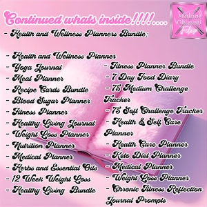 May include: A pink planner bundle with a list of health and wellness topics. The text includes "Health and Wellness Planner," "Yoga Journal," "Meal Planner," and more. The image has a soft, feminine aesthetic.