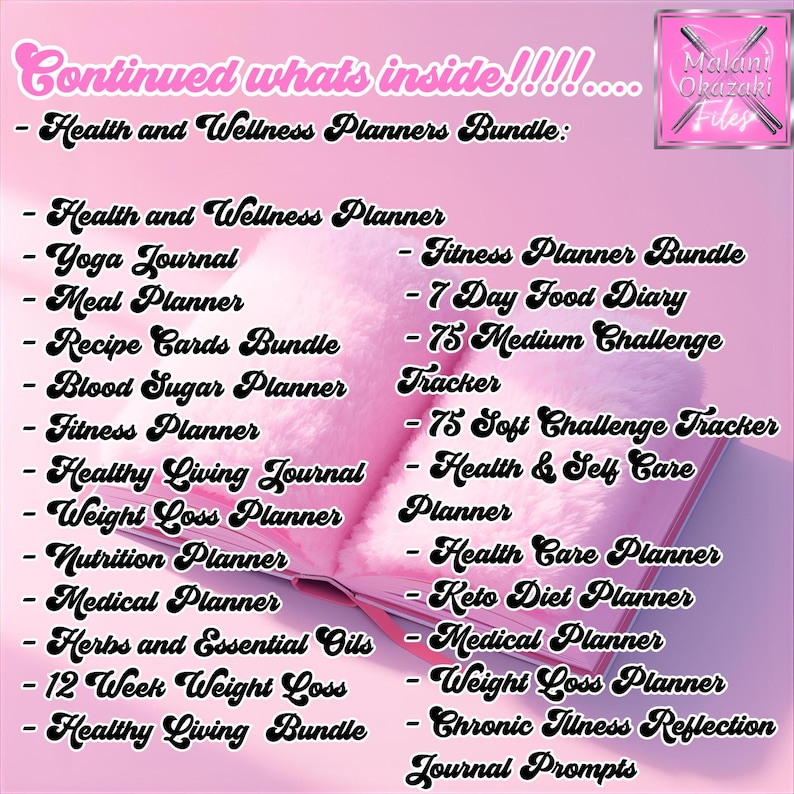 May include: A pink planner bundle with a list of health and wellness topics. The text includes "Health and Wellness Planner," "Yoga Journal," "Meal Planner," and more. The image has a soft, feminine aesthetic.
