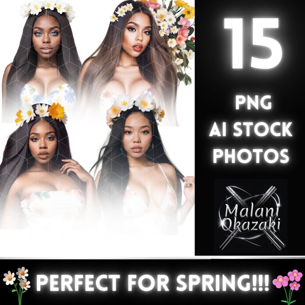 15 AI Models Stock Photos Beauty Hair Makeup PNG Glam High Quality Digital Sticker Spring Collection Women Images Flowers April Fashion Wig