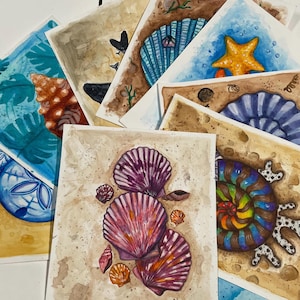 Handpainted Original Watercolor Cards, Ocean, Shell, Fossil Themed, Completely One of A Kind