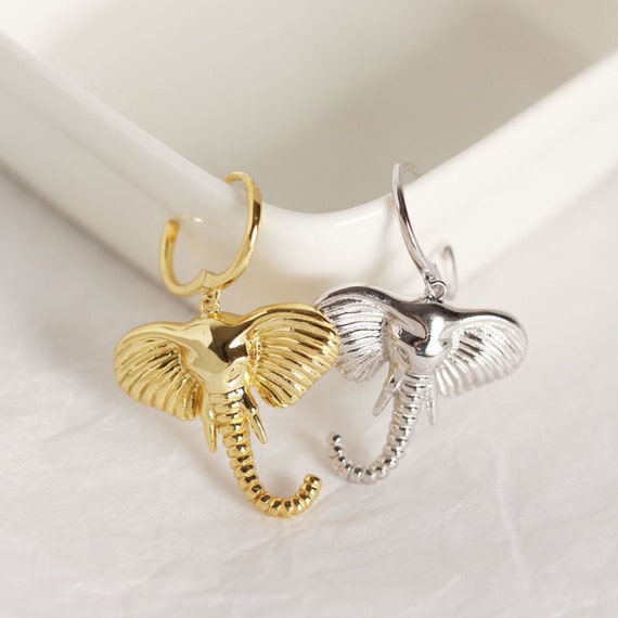 Gold Elephant Charm Dangle Earrings