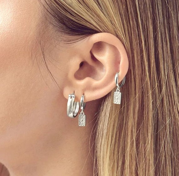 Aztec Silver Rectangle Charm Earrings