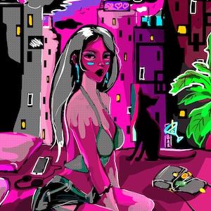 Cyberpunk neón Anime chica dibujo con gato en la ciudad de Nueva York