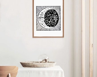 Impressão linogravura artesanal da lua, impressão em bloco, lua e flores, preto e branco