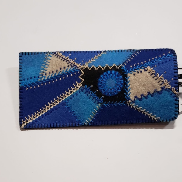 Blue Crazy Quilt Eyeglass Case Wool Applique Stitch Kit - By Artsi2