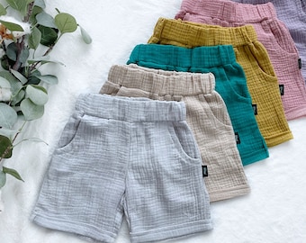Mousselineshorts, kindershorts, uniseks shorts Strandkleding Toddle boy-short, zomershorts voor kinderen, biologische shorts, kleding van dubbel gaas