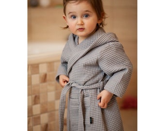 Hooded Baby Bathrobe, Kids Bath Robe, Organic Cotton, Waffle Weave, Child Bath Towel, Kids Clothing, Summer Bath Robe