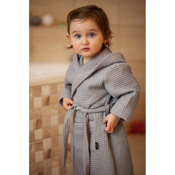 Hooded Baby Bathrobe, Kids Bath Robe, Organic Cotton, Waffle Weave, Child Bath Towel, Kids Clothing, Summer Bath Robe