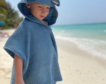 Kinder Poncho, Badeponcho, Bademantel für Kinder, Bio Baumwolle, Waffelgewebe, Kinder Badetuch, Kinderkleidung, Sommer Bademantel