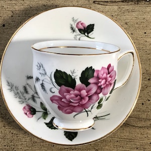 Vintage Duchess Bone China Teacup & Saucer Set • Pink Rose Floral • Made in England • High Ping • English Tea Cup Gift. Tea Drinker.